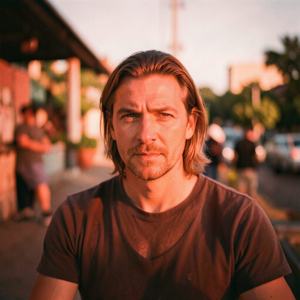 Candid documentary photograph of a person in bright midday light